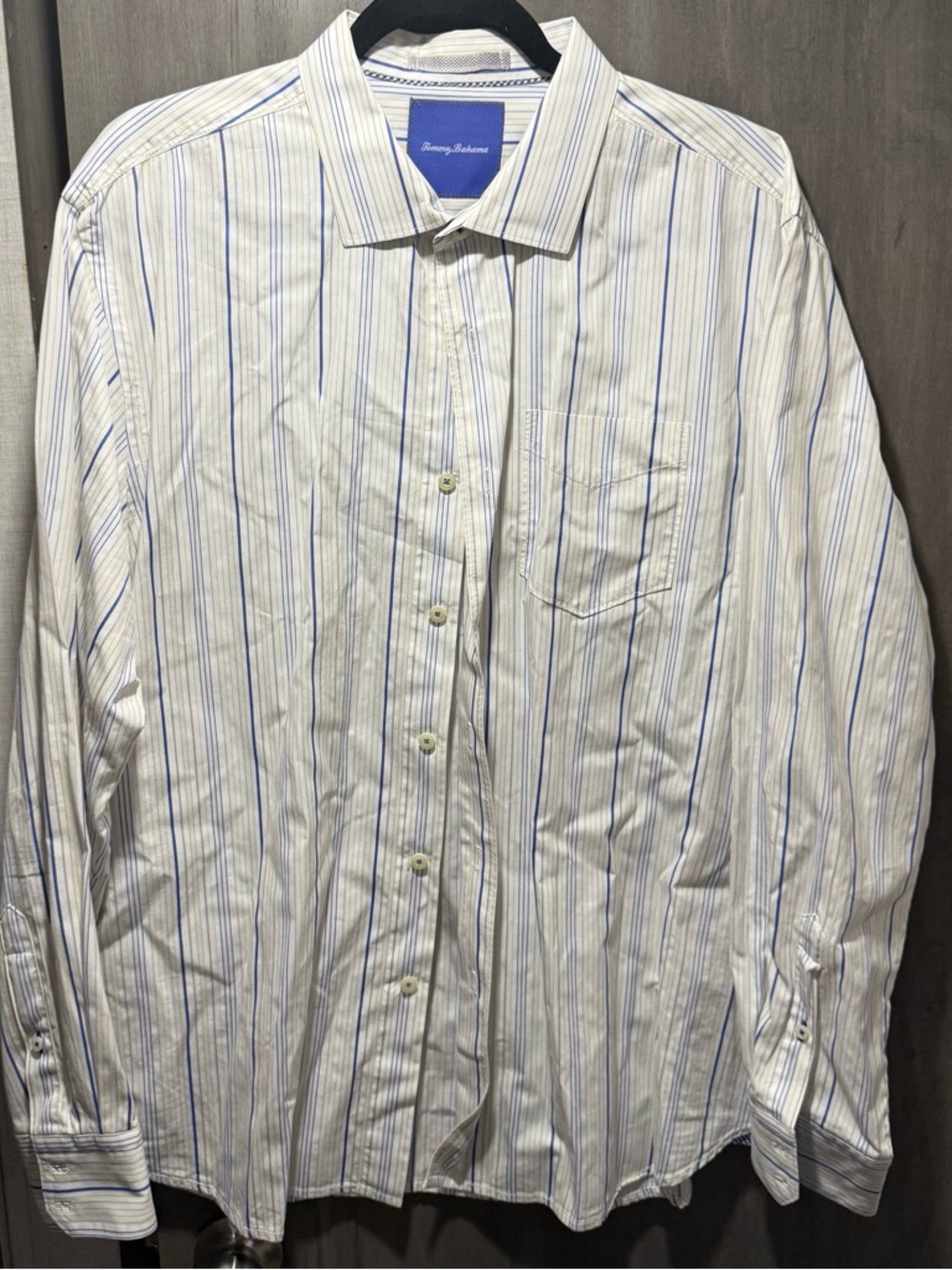 Tommy Bahama Men's White Shirt with Blue Pinstripes